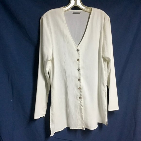 Retro White V Neck Blouse by Weathervane-Sz L-Crepe Like Fabric - Picture 2 of 6